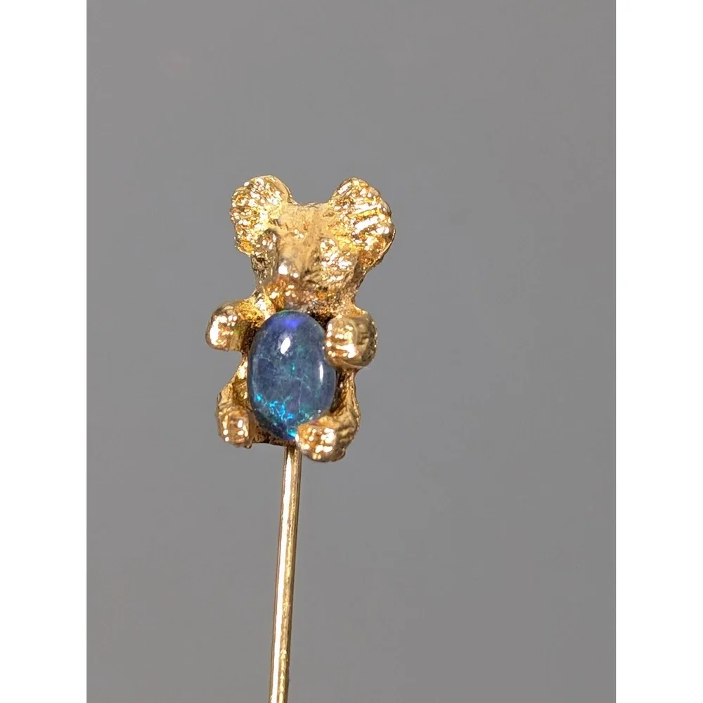 Vintage Gold Tone Koala Bear Faux Opal Stick Pin Lapel Hat Tie Pin